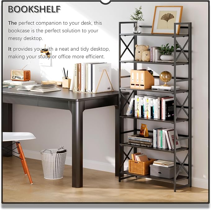 4NM 6 Tiers No Assembly Book Shelves, 61.8" H Folding Bookshelf Bookcase Open Industrial Foldable Shelves for Bedroom, Living Room, Home Office - All Black