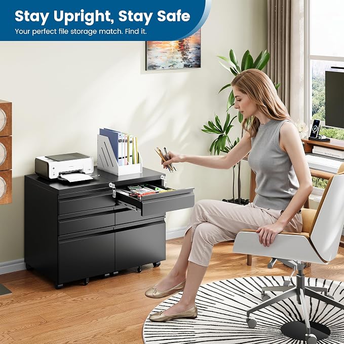 PEUKC 3 Drawers Mobile File Cabinet with Lock, Under Desk Rolling File Cabinet for Home Office, Organizes Letter Legal A4 Files, Black(Pre-Assembled)