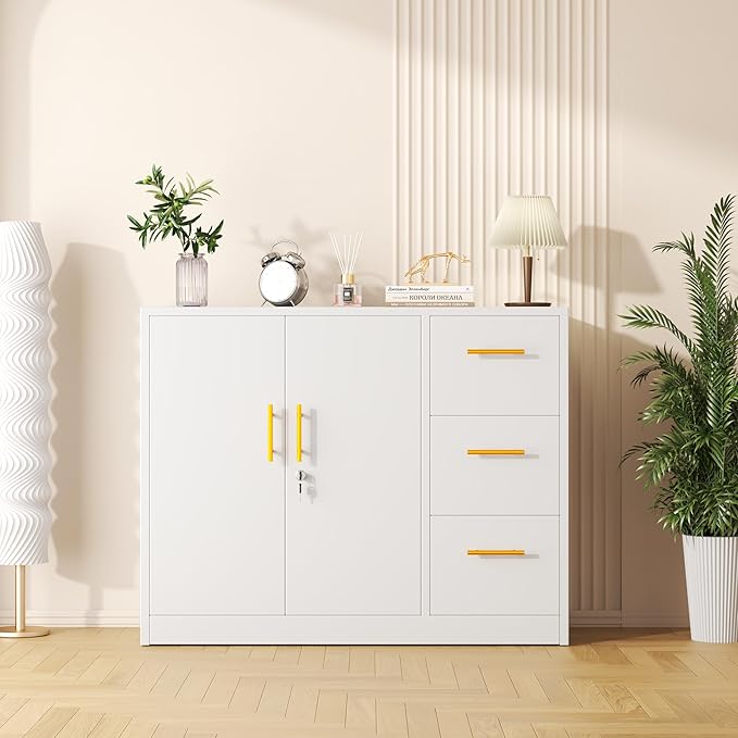 GAIOUS Metal Sideboard Buffet Cabinet, Storage Cabinets with 3 Drawers and Shelf, White Locking Steel File Storage Cabinet, Kitchen Cabinet Cupboard Pantry for Office Dining Living Room Kitchen Garage