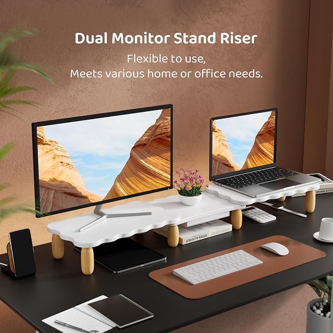 AFOOYO Dual Monitor Riser, Cookie-Shaped Adjustable Length & Swivel Angle, Wooden Desktop Organizer for 2 Monitors,Monitor Stand with Drawer for Laptop, PC, Computer, Printer,White