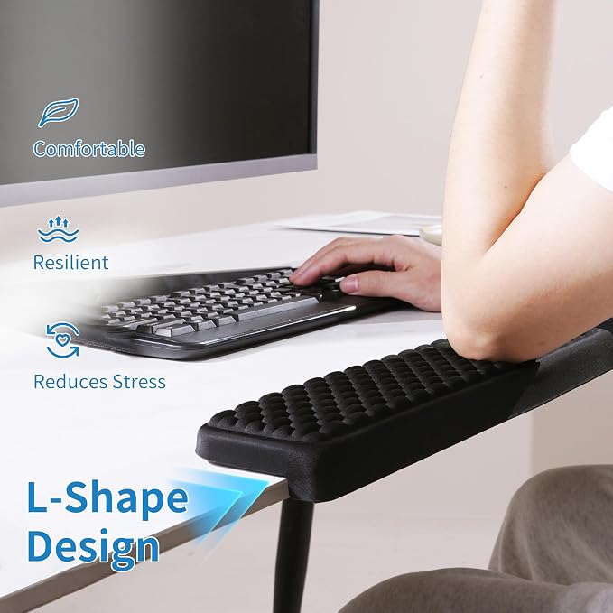 MEKASS L-Shaped Desk Wrist Rest Elbow, Forearm & Wrist Comfort Support for Table or Desk Edge, Non-Slip, Memory Foam Padding 2-Piece Set (Oval Black