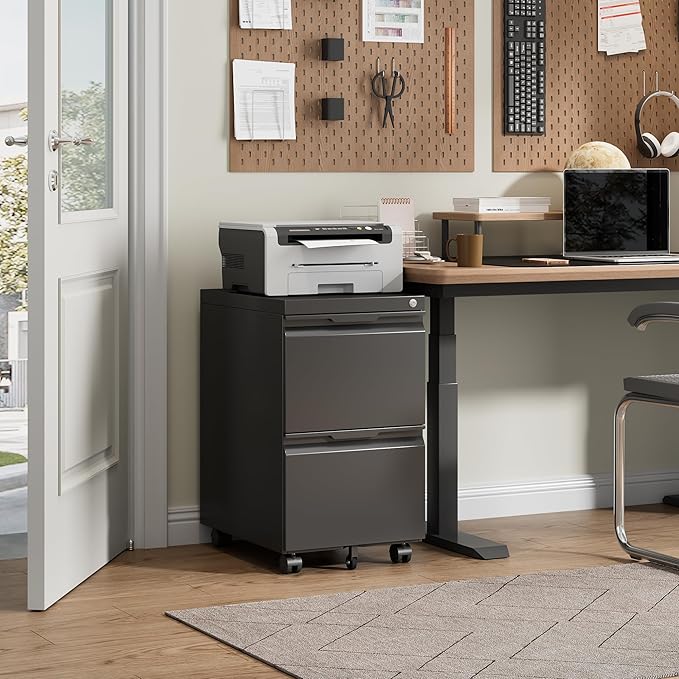 2 Drawer File Cabinet with Lock,Rolling Vertical File Cabinets for Home Office,Small Metal Filing Cabinet Office Drawers Under Desk for A4-Size/Letter-Size/Legal-Size- Assembly Required/Black