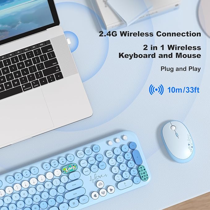 MOFII Wireless Keyboard and Mouse Combo, Cute Retro Typewriter Keyboard and Silent Mouse, 2.4GHz Full Size Computer Keyboard Wireless Mouse Set for PC, Laptop, Desktop, Windows (Blue Colorful)