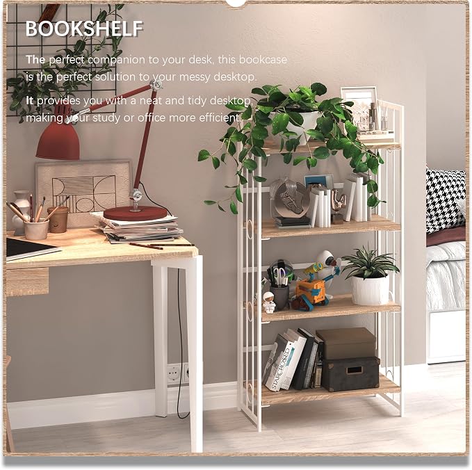 4NM No Assembly 4 Tiers Folding Bookshelf, 47.2" H Foldable Storage Shelves Vintage Bookcase Standing Racks Study Organizer Home Office - Natural White