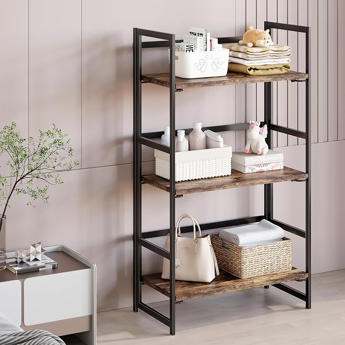 BHG Vintage Multifunctional Folding Bookshelf, No-Assembly Plant Stand Storage Rack Shelves for Home Office (Fire, 3-Tier)
