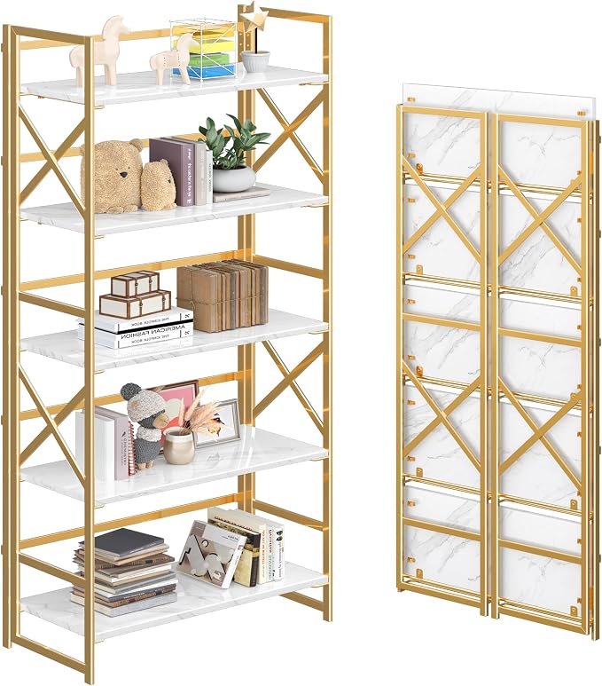 4NM 5 Tiers No Assembly Book Shelves, 51.2" H Folding Bookshelf Bookcase Open Industrial Foldable Shelves for Bedroom, Living Room, Home Office - White Gold