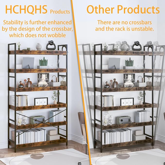HCHQHS Bookshelf, Adjustable Industrial Bookcase, Vertical Tall Book Shelf, Wood and Black Metal Open Bookshelves for Home Office, Living Room, Bedroom (Rustic Brown, 6-Tier (31" W x 70" H))