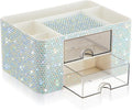 MotiMind Silver Bling Desk Organizer with 2 Drawer, Sparkly Makeup Organizer for Vanity, Girly Desk Accessories, Rhinestone Pen Holder, Elevate Your Workspace with Silver Serenity (Diamond)