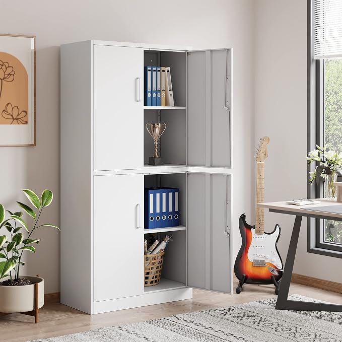 STANI Metal Storage Cabinet, Locking Steel Cabinet With 4 Doors and 2 Adjustable Shelves, 71" Lockable File Cabinet for Home Office, Garage, School (White)