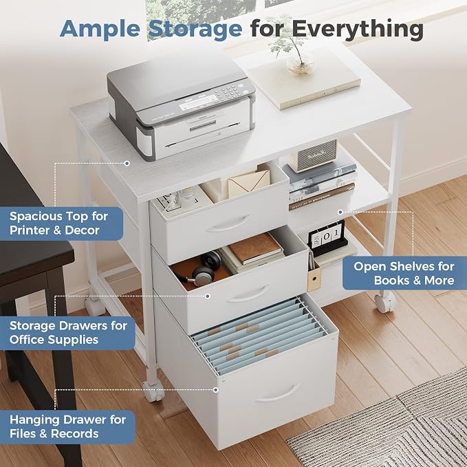 DUMOS 3-Tier Mobile File Cabinet, Printer Stand with Storage, Office Table with Drawers and Back Support Bar, Holds 110lbs for Home Office, White