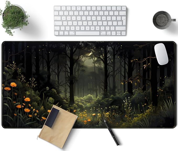 Dark Forest Desk Mat Mouse pad, Green Nature Deskmat XXL Large Extended Aesthetic Plant Mousepad Gaming Desk Pad, Big Laptop Computer Keyboard and Mouse Mat for Women Office Desk Decor 31.5x15.7 in