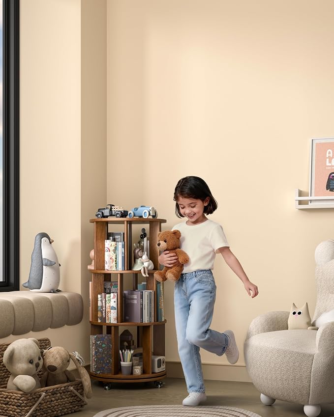 3-Tier Solid Wood Rotating Bookshelf on Wheels, 360° Spinning Book Shelf Tower, Round Revolving Bookcase Organizer, Rolling Bookshelves for Small Spaces, Corner, Bedroom, Kids Room, Office, Walnut