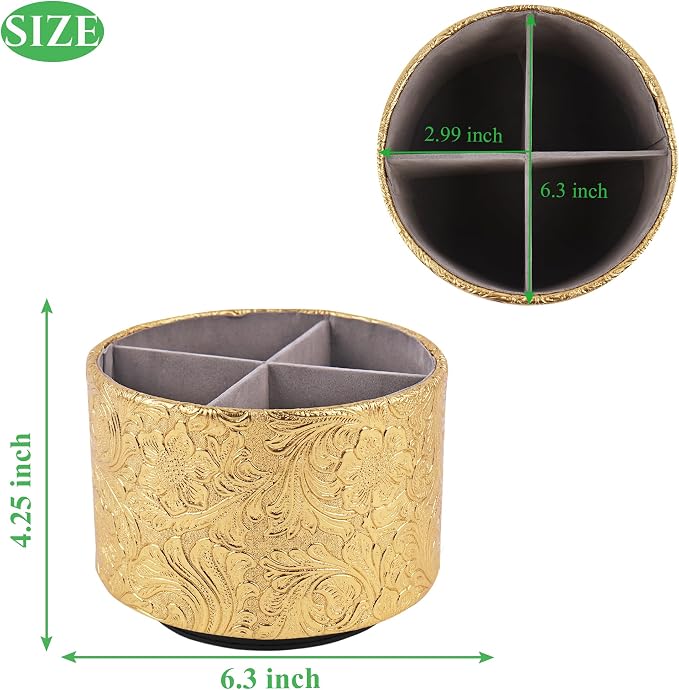 lizimandu Round Leather Art Supply Organizer,Remote Control Holder,360 Degree Spinning,Multi-Functional Pencil Holder,4 Compartments Desktop Stationary Organizer(1-Carved Gold)