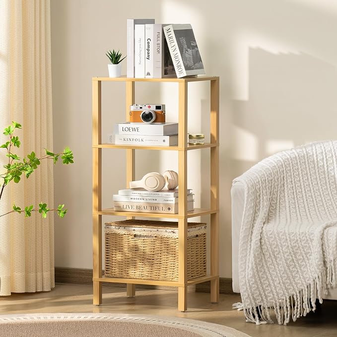YUFAM 4 Tier Tall Bookshelf with Storage - Small Bookcase for Small Spaces, Shelf for Living Room, Office, Bedroom, Kitchen - Industrial Modern Natural Book Shelf