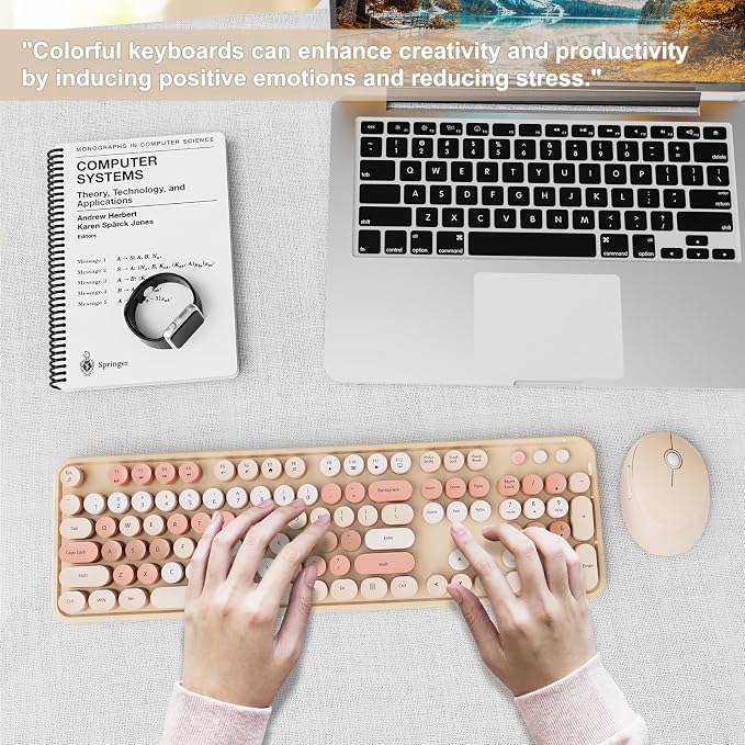 Wireless Keyboard and Mouse Combo, Ergonomic Full Size Typewriter Retro Round Keycaps Keyboard, Compatible with Windows, PC, Perfer for Home and Office Keyboards (Chocolate Color)