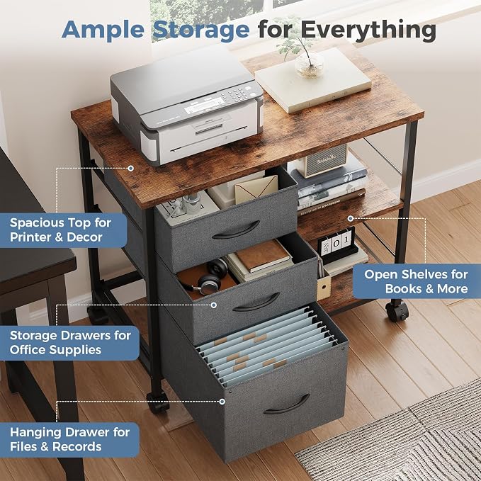 DUMOS 3-Tier Mobile File Cabinet, Printer Stand with Storage, Office Table with Drawers and Back Support Bar, Holds 110lbs for Home Office, Gray