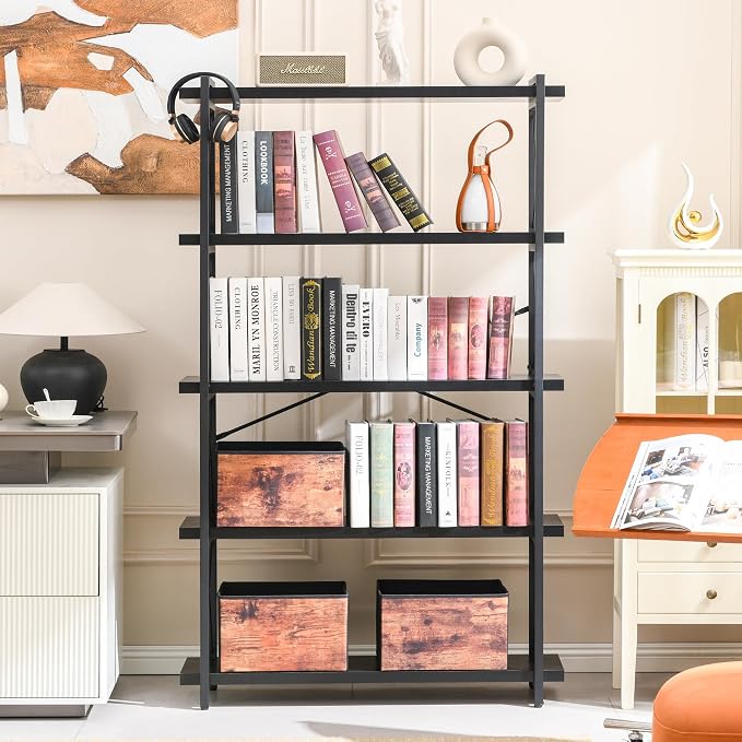 HCHQHS Bookshelf, 5-Tier Industrial Bookcase, Black Open Book Shelf, Freestanding Tall Bookshelves with Metal Frame