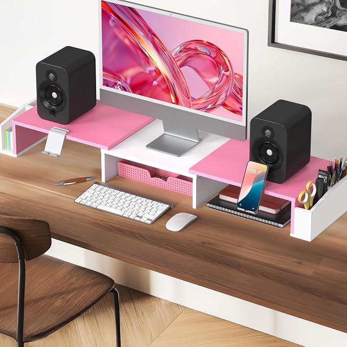 Simple Houseware Desk Dual Monitor Stand Riser with Drawer, Pink
