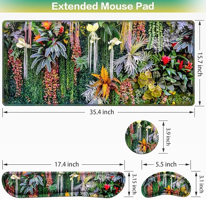Desk Mat Floral, Large Gaming Mouse Pad with Wrist Rest, 4in1 XXL Mousepad+Keyboard Wrist Rest+Mouse Pad Wrist Support+Cup Coaster Set Ergonomic Computer Desk Arm Wrist for Decor Home Office Women