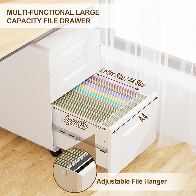 3 Drawer File Cabinet with Lock and 4 Keys, Mobile Metal Filing Cabinet, File Cabinets for Home Office, Under Desk, Pre-Assembly, File Drawer, Letter/Legal/A4 Hanging File Folders