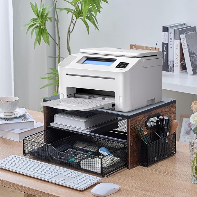 Printer Stand,Desktop Printer Stand with 2-Tier Storage Shelves for Home Office，Desk Organizer with Drawer and 2 Pen Holders for Fax Machine Scanner Files