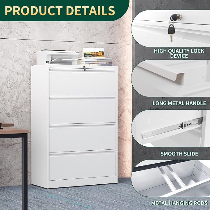 4 Drawer Lateral File Cabinet with Lock, Metal File Cabinets for Home Office, Steel Heavy-Duty Filing Storage Cabinet for Letters/Legal/A4 (Require Assembly, White)