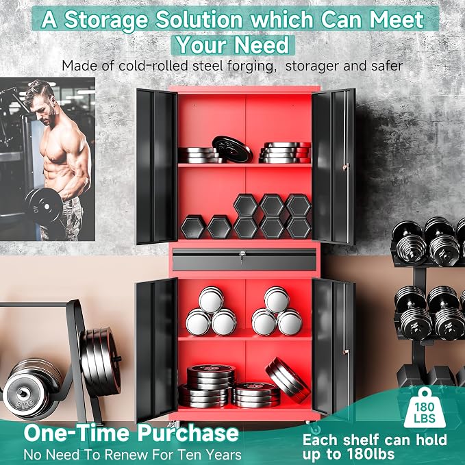SISESOL Metal Storage Cabinet with Wheels and Drawer,Rolling Garage Storage Cabinet with Lock,Black Red Metal Cabinets with Wheel,73" Mobile Tall Tool Cabinets on Wheel for Home,Office,Garage,Shop
