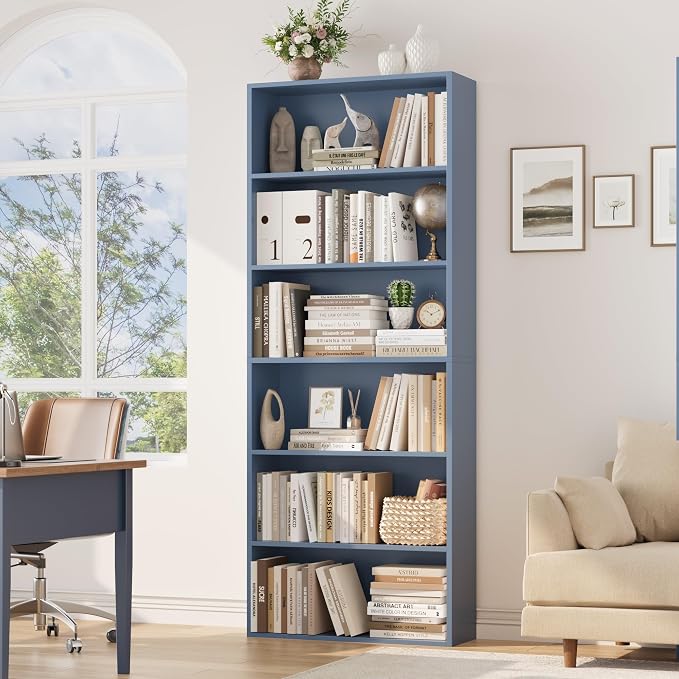 FOTOSOK 6-Tier Open Bookcase and Bookshelf, Freestanding Display Storage Shelves Tall Bookcase for Bedroom, Living Room and Office, Blue