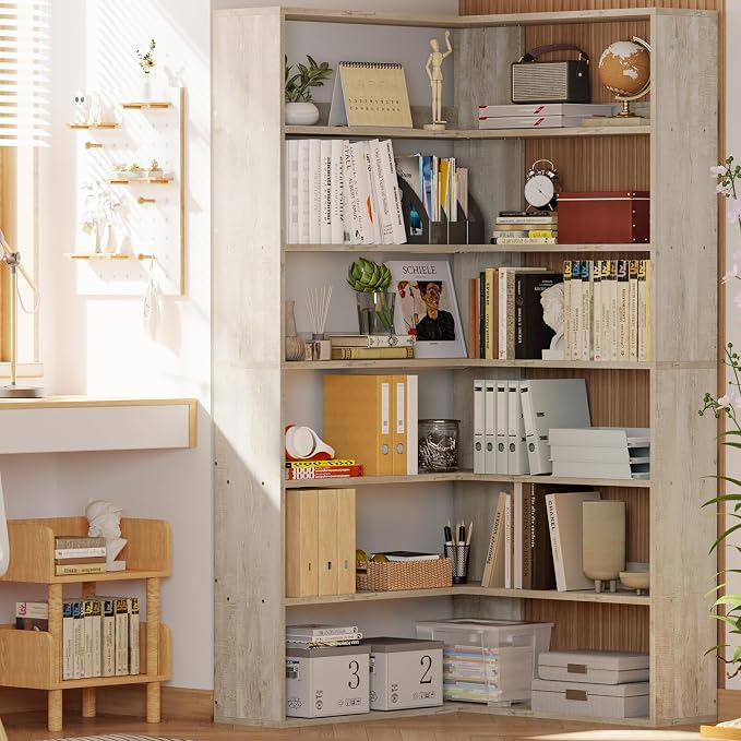 IRONCK Bookshelves 6 Tiers with Baffles Industrial Large Corner Etagere Bookcase Storage Display Rack for Living Room Home Office