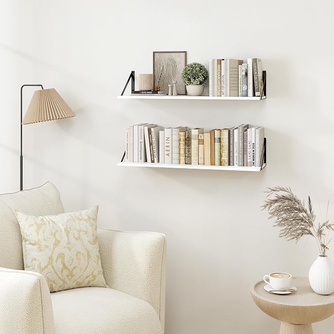 Heimlove White Deep Floating Shelves for Wall, 30W x 8D Wood Wall Shelves Set of 2, Wide Floating Bookshelf for Living Room, Kitchen, Office, Bedroom and Decor Storage, with Black Bracket - White