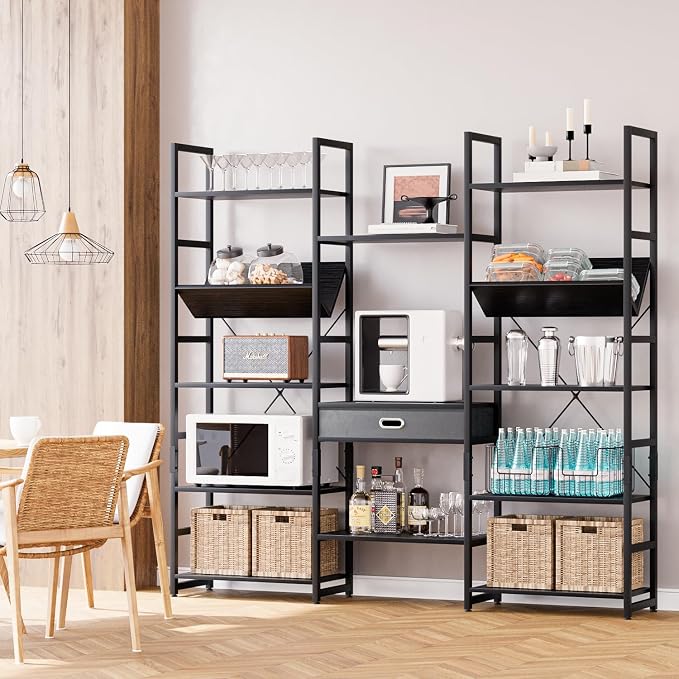 NUMENN Bookcases and Bookshelves Triple Wide 5 Tier Bookshelf, Large Etagere Bookshelf with Storage Drawer, Adjustable Open Display Shelves for Living Room, Bedroom, Home Office, Black