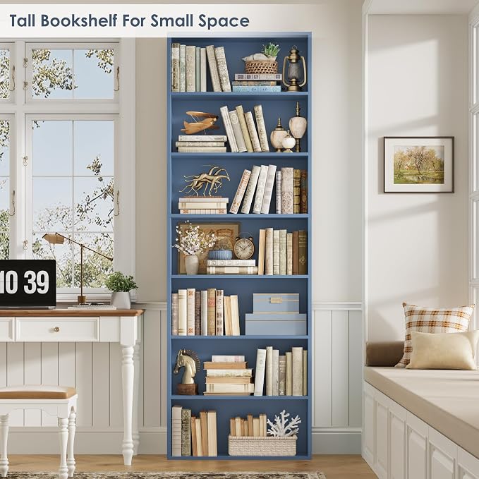 FACBOTALL 82" Tall Bookshelf, 7-Tier Open Shelves Bookcase, Freestanding Display Storage Shelves, Tall Bookcase Home Decor Furniture for Home Office, Living Room, Bedroom, Blue