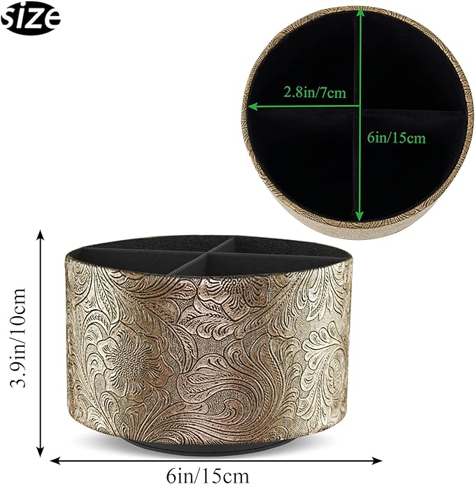 lizimandu Round Leather Art Supply Organizer,Remote Control Holder,360 Degree Spinning,Multi-Functional Pencil Holder,4 Compartments Desktop Stationary Organizer(1-Gold)