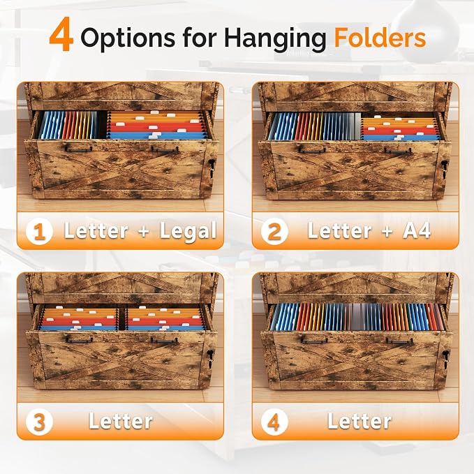 VINGLI 2 Drawer File Cabinet with Lock, Home Office Filing Organizer, for Letter Legal A4 Size File Folder Storage, Modern Farmhouse, Wood Lateral Filing Cabinet, Archivador (Rustic Brown)