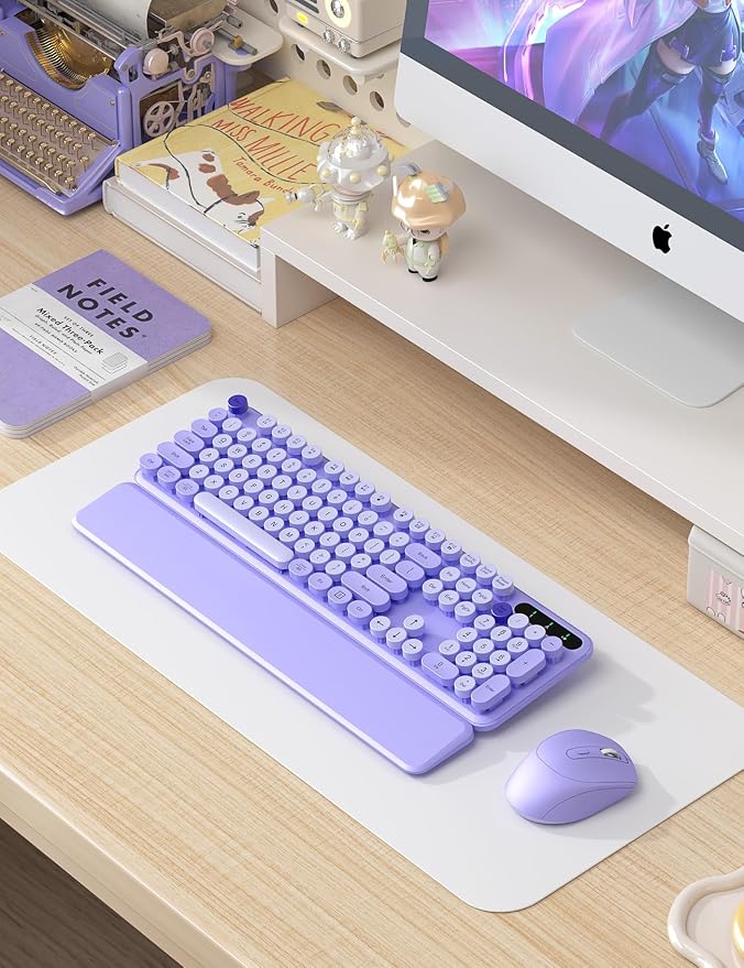 Wireless Keyboard and Mouse Combo - Cute Typewriter Keyboard with Detachable Wrist Rest, Retro Round Keycaps, Foldable Legs, 2.4GHz Full-Size Keyboard for PC, Laptop, Mac, Windows - Trueque (Purple)