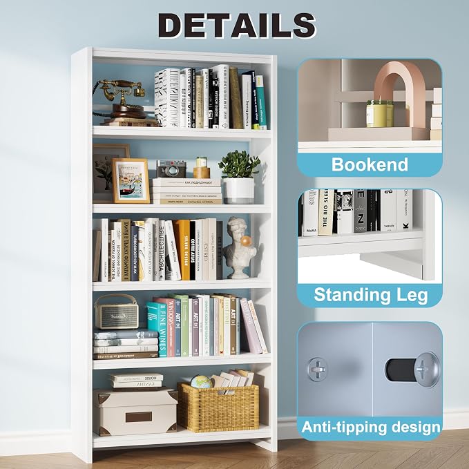 69" White Bookshelf, 5 Tier Tall Bookcase with Bookend, Large Metal Book Shelf Display Storage Shelves for Bedroom Living Room Office