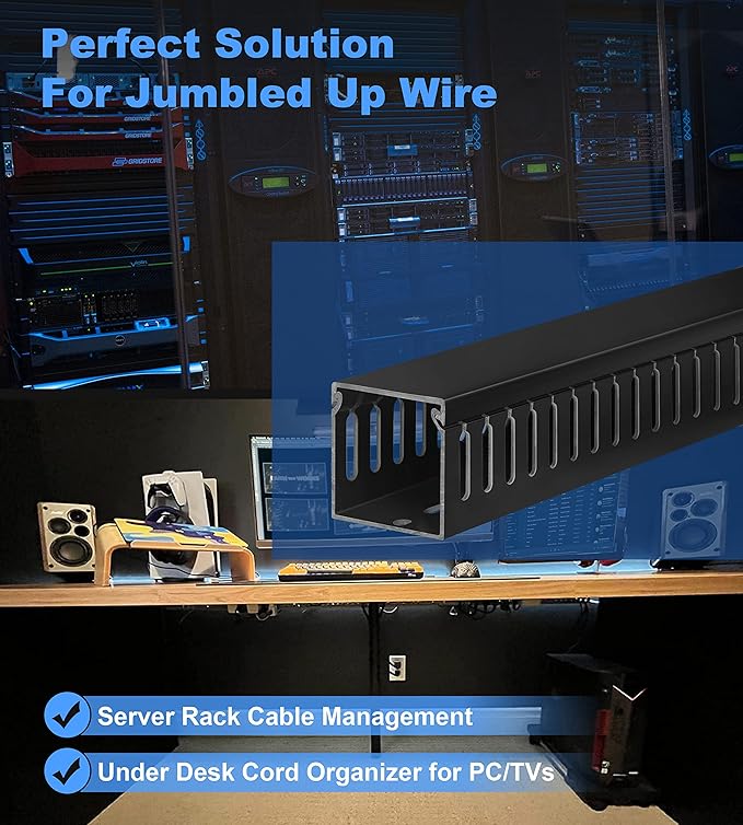 ZhiYo 66in(4X L16.5in) Professional Server Rack Cable Management Raceway, H2in x W2in Cable Raceway Kit, Electrically Safe PVC Open Slot Wire Raceway for Under Desk/Computer/Network Cords, Black