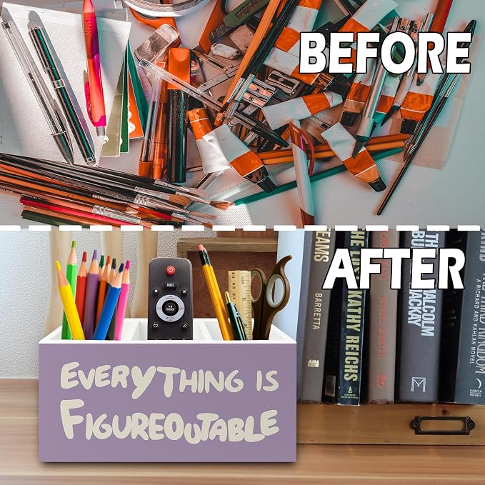 Purple Inspirational Pen Pencil Holder Organizer for Desk, Inspirational Gifts for Women, Everything Is Figureoutable Motivational Wooden Box Sign for Home Office Desk Tabletop Decorations