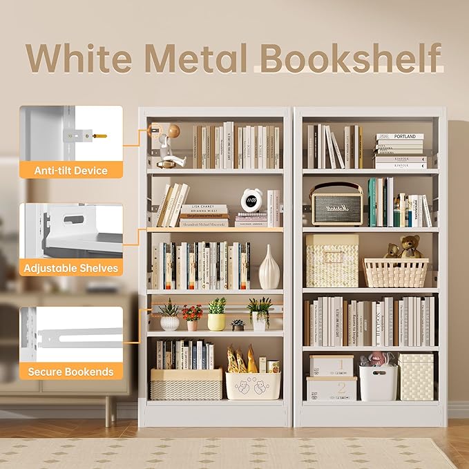 5-Tier Adjustable Bookcase, Heavy Duty Bookshelf with Book Stopper, Metal Bookcase for Library, Office, Living Room