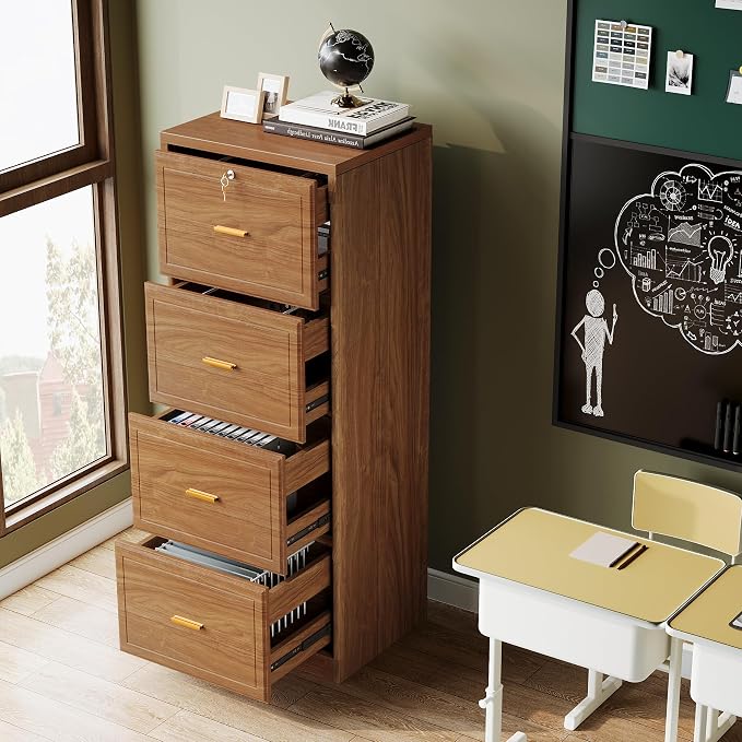 Tribesigns 4-Drawer File Cabinet with Lock, Locked File Cabinet with Key, Tall Wooden Filing Cabinets for Home Office, Vertical Office Storage for Legal Size/Letter/A4/Files, Brown