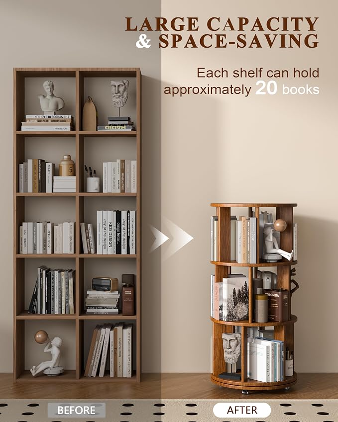 3-Tier Solid Wood Rotating Bookshelf on Wheels, 360° Spinning Book Shelf Tower, Round Revolving Bookcase Organizer, Rolling Bookshelves for Small Spaces, Corner, Bedroom, Kids Room, Office, Walnut