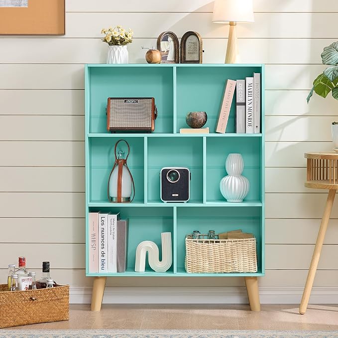 LEYAOYAO 7 Cube Bookshelf 3-Tier Bookcase with Legs, Mint-Green Kids Book Shelf Cute Storage Organizer, Toy Shelves Bookshelves,Wood Display Bookcases