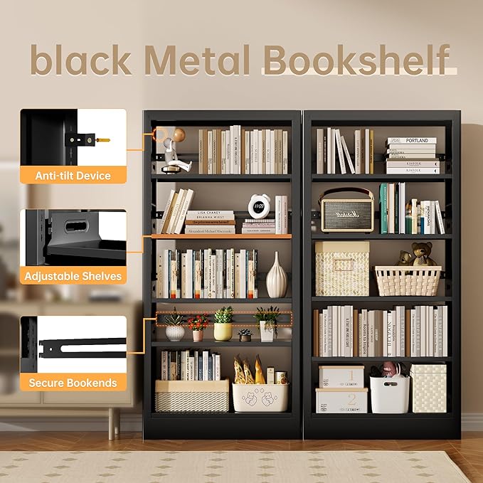 5-Tier Bookcase with Adjustable Storage Shelves, Heavy Duty Bookcase, Metal Bookshelf with Book Stopper, Black Bookcase Shelf for Library, Office, Living Room