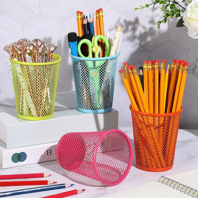Colarr 24 Pcs Mesh Pencil Holder, Colored Metal Pen Holder Metal Pen Cup Desk Organizer Cups Makeup Brush Holders for Desk Home School Office, 4 Colors