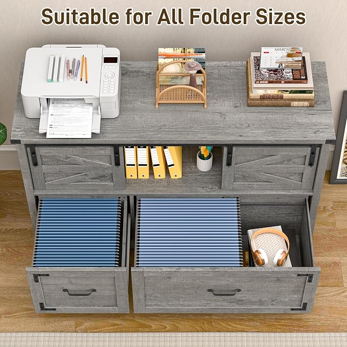 Halitaa Lateral File Cabinets 2 Drawer with Sliding Barn Doors, Farmhouse Filing Cabinet with 2 Drawer for Home Office，Filing Organization Storage Cabinets for Hanging Files Letter/Legal/F4/A4. Grey