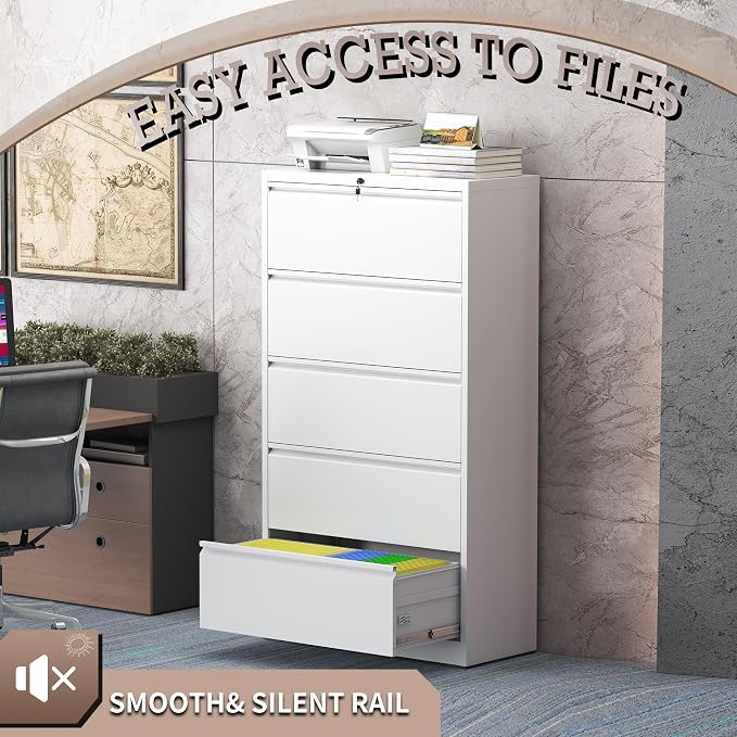 5 Drawer Lateral File Cabinet with Lock, Metal File Cabinet, Lateral File Cabinets for Home Office, Heavy Duty File Storage Cabinet for Legal/Letter/A4 Document, Assembly Required, White