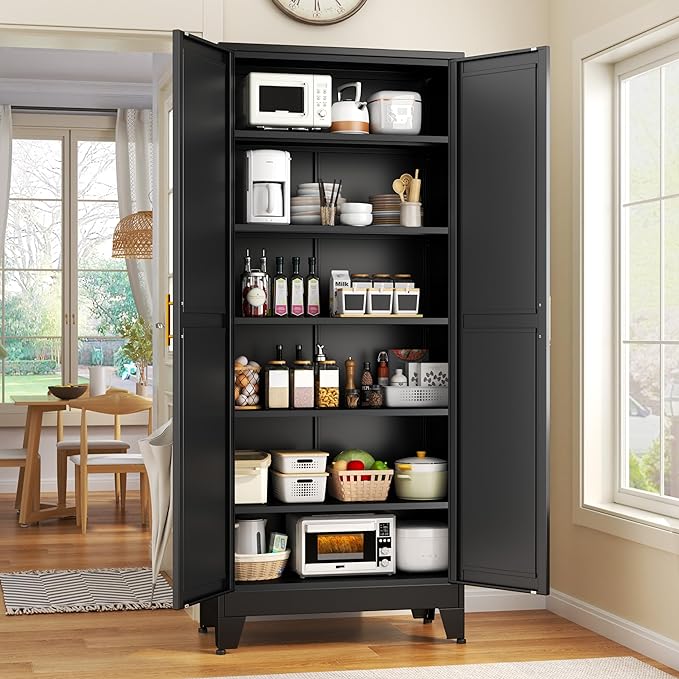 GAIOUS 75.2" Tall Storage Cabinet, Pantry Storage Cabinets with 2 Door and 5 Adjustable Shelves, Black Kitchen Food Cabinet, Metal Utility Cabinets for Kitchen, Dinning Room, Laundry Room