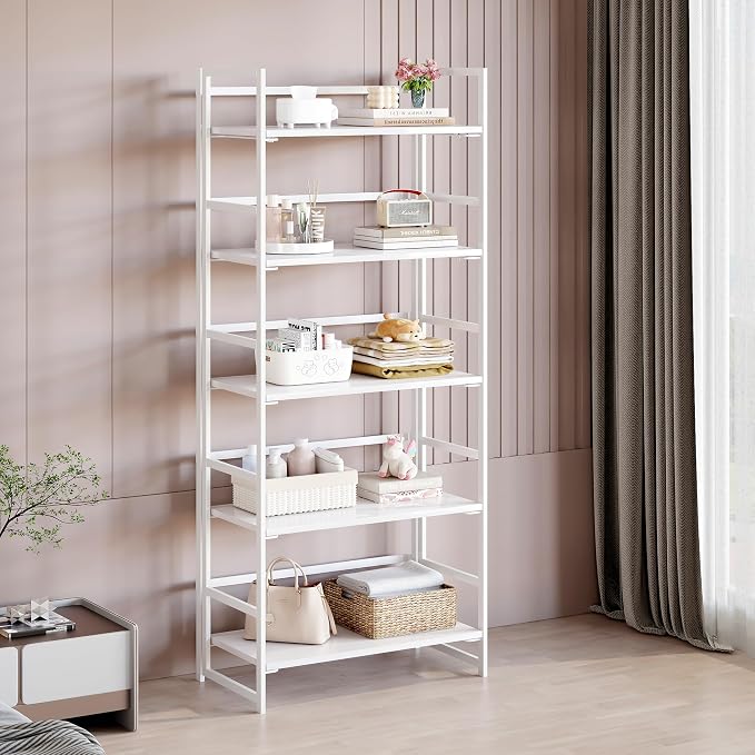 BHG Vintage Multifunctional Folding Bookshelf, No-Assembly Plant Stand Storage Rack Shelves for Home Office (All White, 5-Tier)