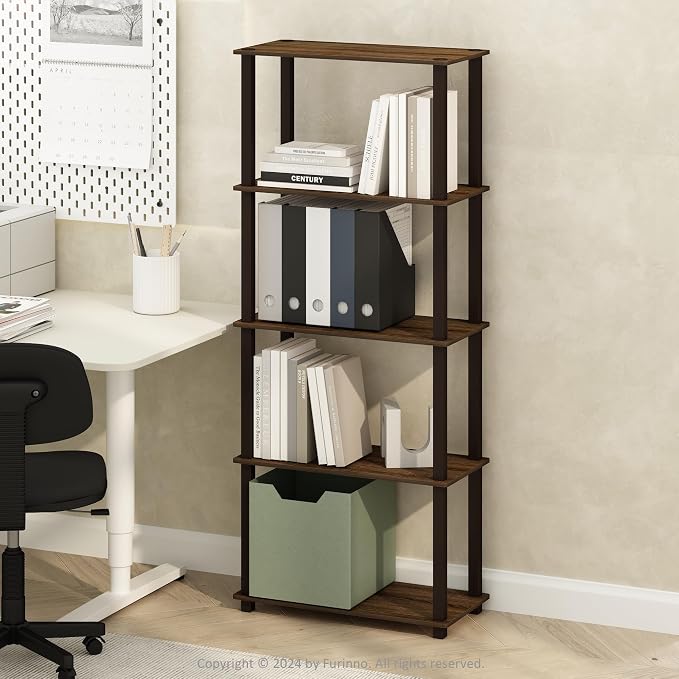 Furinno Turn-S-Tube Storage Shelves Set of 2, 3-Tier Book Shelf, Corner Shelf, Toolless Open Shelves, Square Tubes, for Organization and Storage, Living Room, Garage, Home Office, Black Walnut
