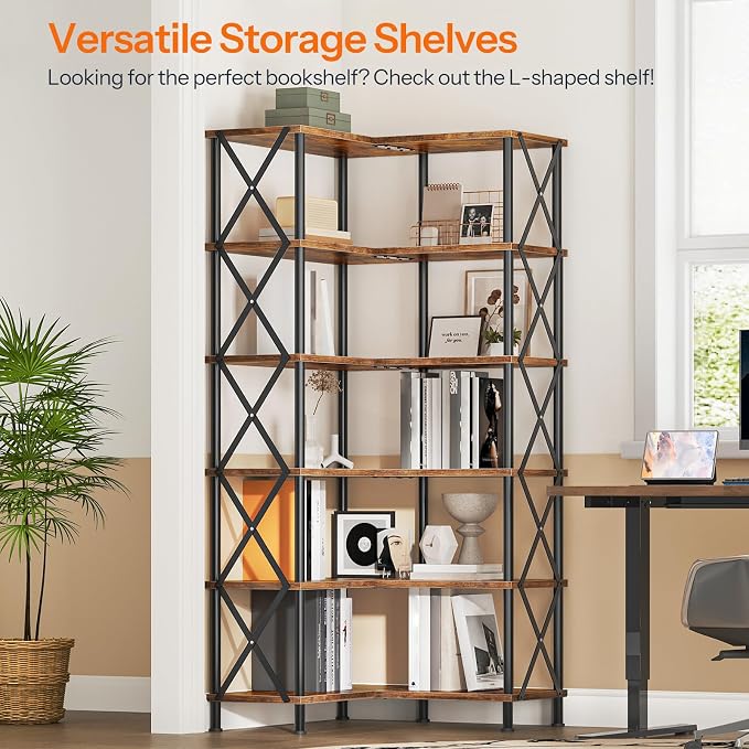 HOOBRO Corner Bookshelf, 6-Tier L-Shaped Bookcase, Industrial Open Display Shelf Tall Storage Organizer, Vertical Storage Rack, for Living Room, Home Office, Rustic Brown and Black BF61SJ01